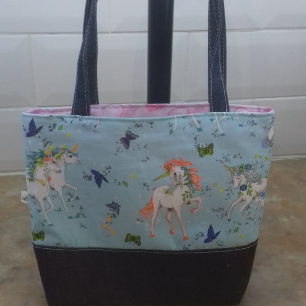 Little girls light blue unicorn mini tote bag toy bag with denim handles 