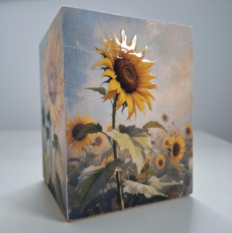 Large Bamboo Holder with Sunflowers Tidy Desk Pot Stationery Organiser