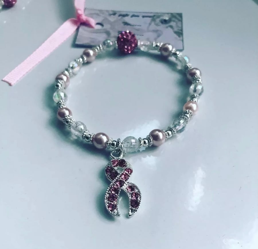 Ab crystal beaded breast cancer awareness bracelet 