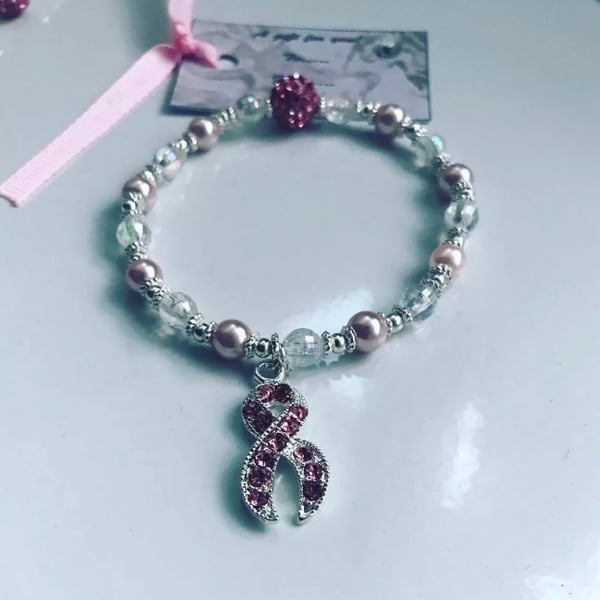 Ab crystal beaded breast cancer awareness bracelet 