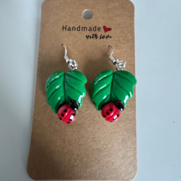 Sterling Silver Earrings - Ladybug on Leaf - Brand New & Sealed!! 