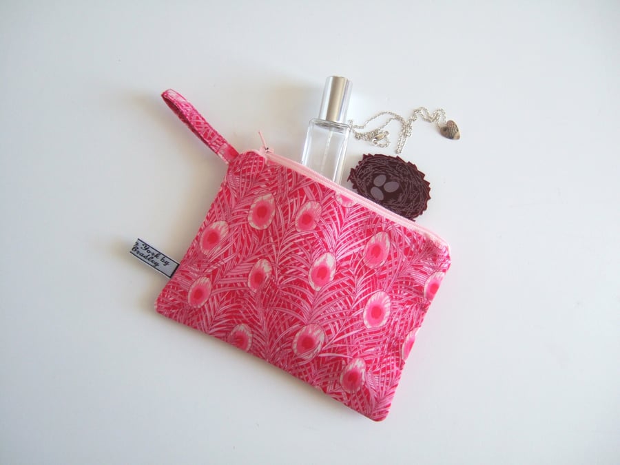 Soldcraft Pink peacock feather make up bag, coin purse or pouch.