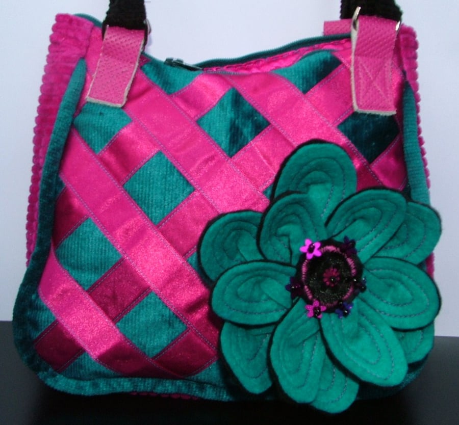 TEAL & PINK RIBBON CORSAGE HANDBAG - HALF PRICE