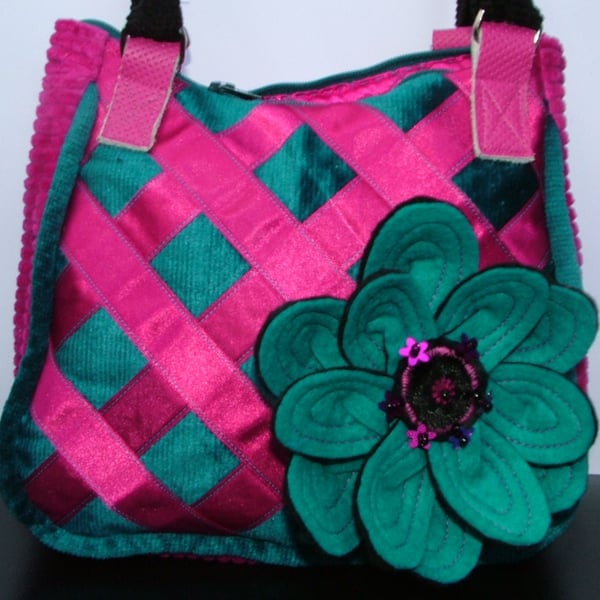 TEAL & PINK RIBBON CORSAGE HANDBAG - HALF PRICE