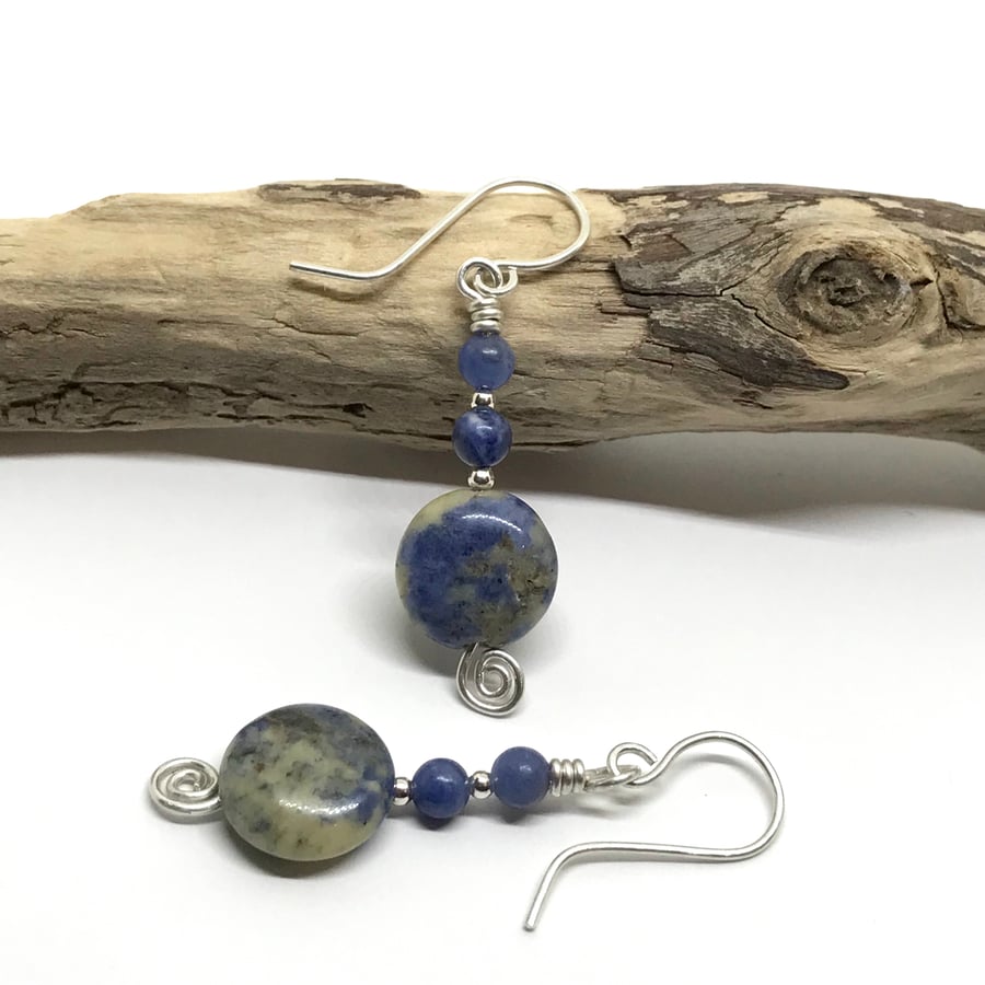 Blue Gemstone Earrings, Sodalite, Sterling Silver