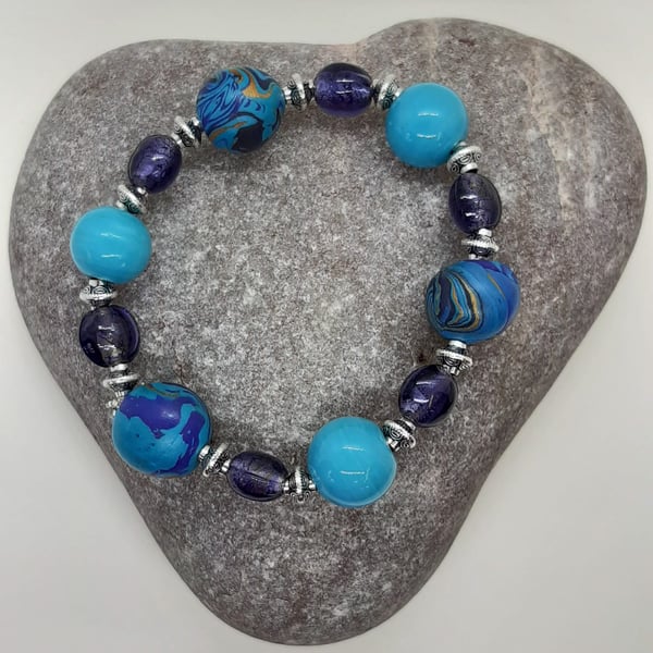 Colour polymer clay bracelet in turquoise and purple