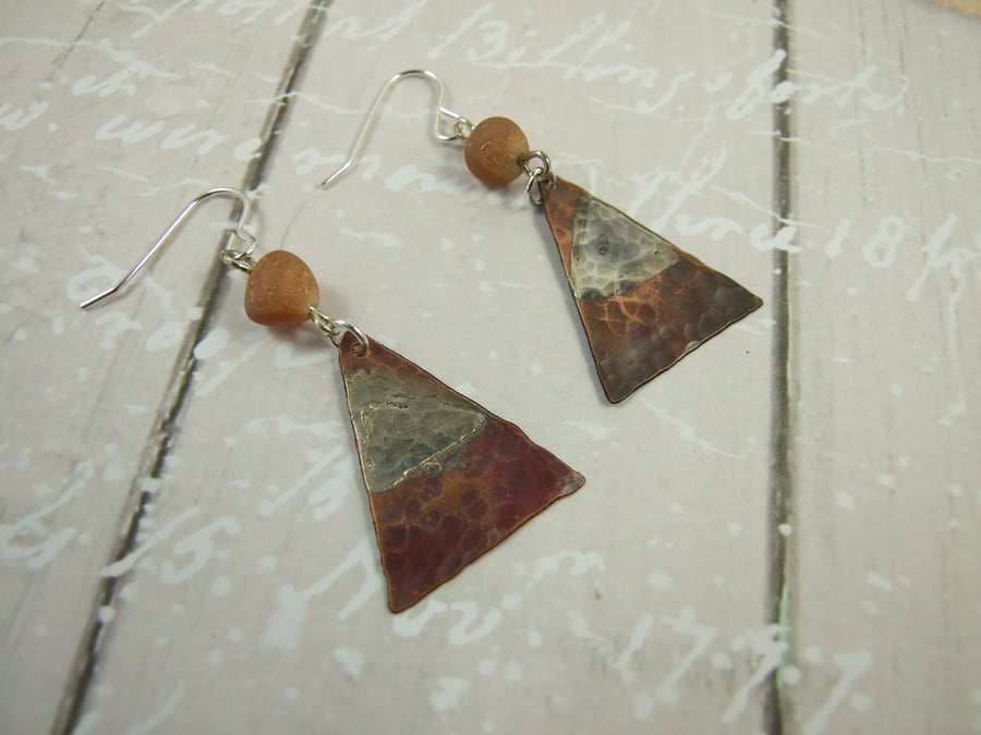 Earrings, Sterling Silver, Frosted Golden Agate and Rustic Copper Triangles