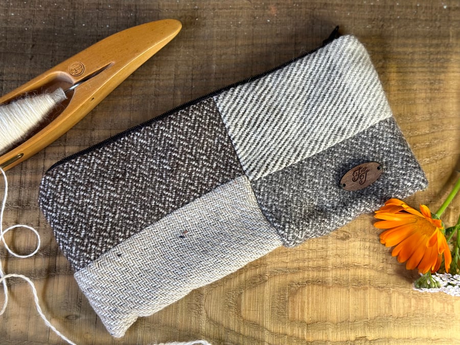 Patchwork Zip Pouch in Neutral Tones, Hand Woven British Wool Pouch