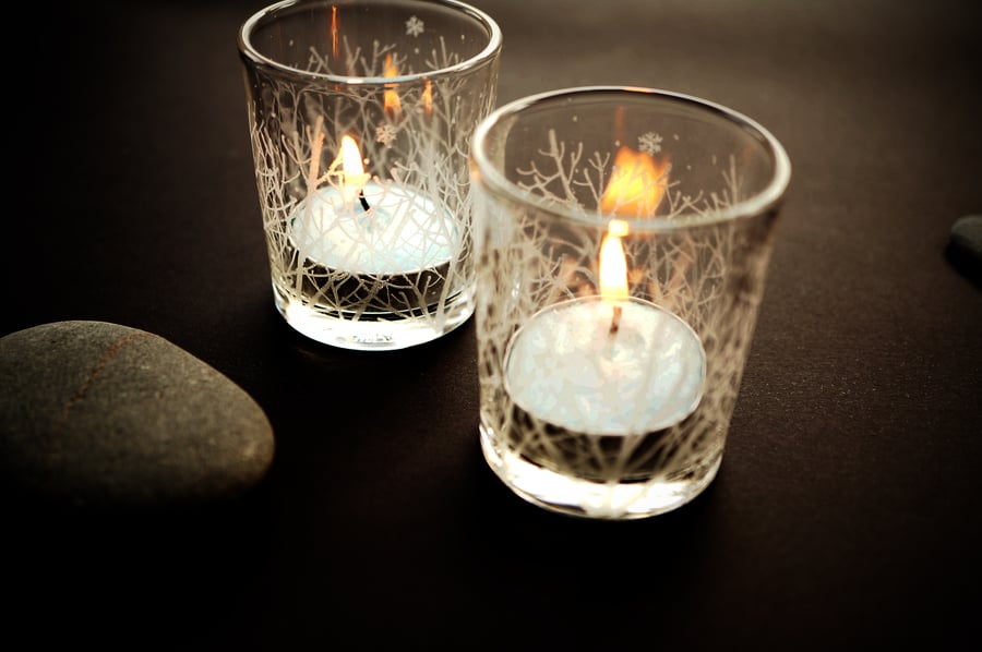Pair of Winter Themed Engraved Candle Holders