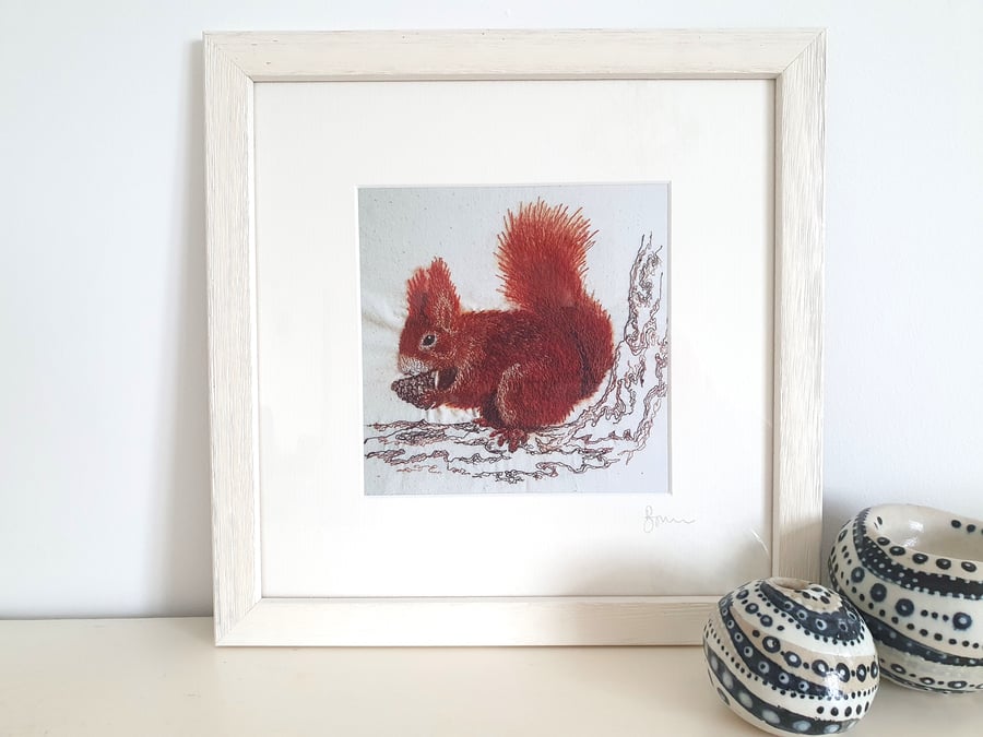 Red Squirrel Framed Print, Embroidered Textile Art