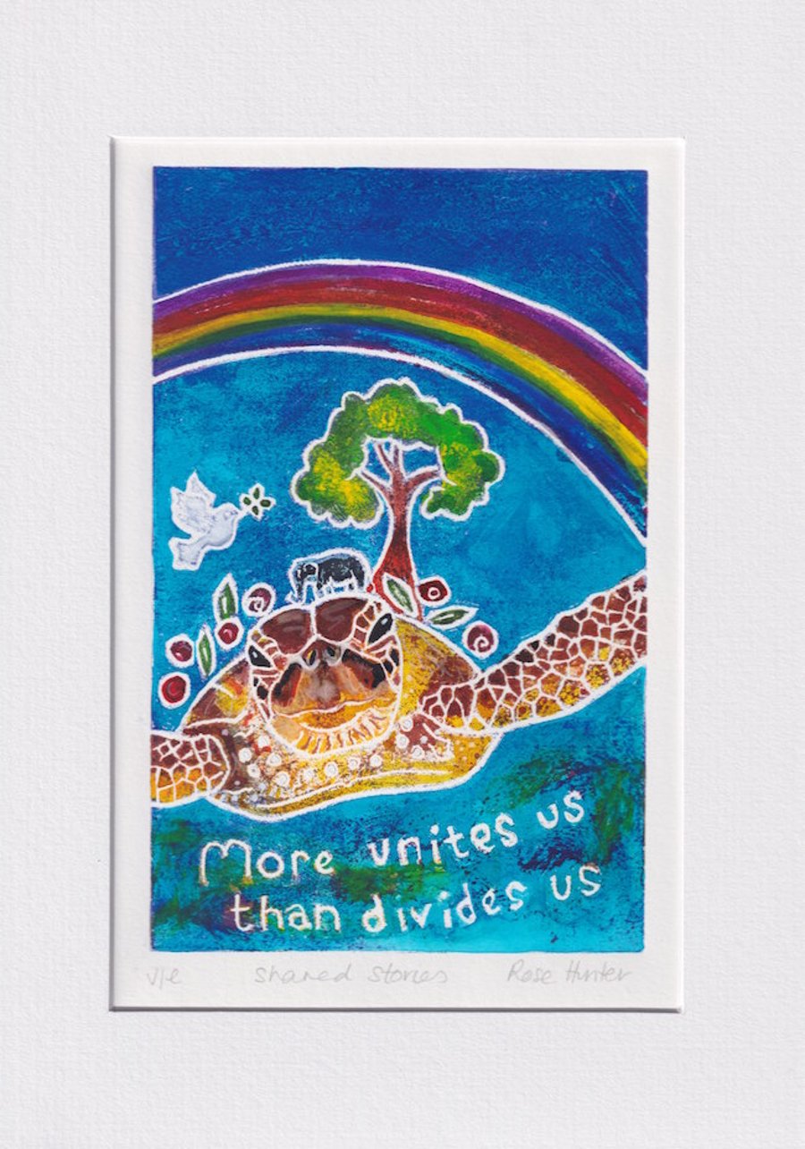 Shared stories - original hand painted lino print 001