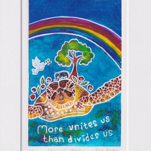 Shared stories - original hand painted lino print 001