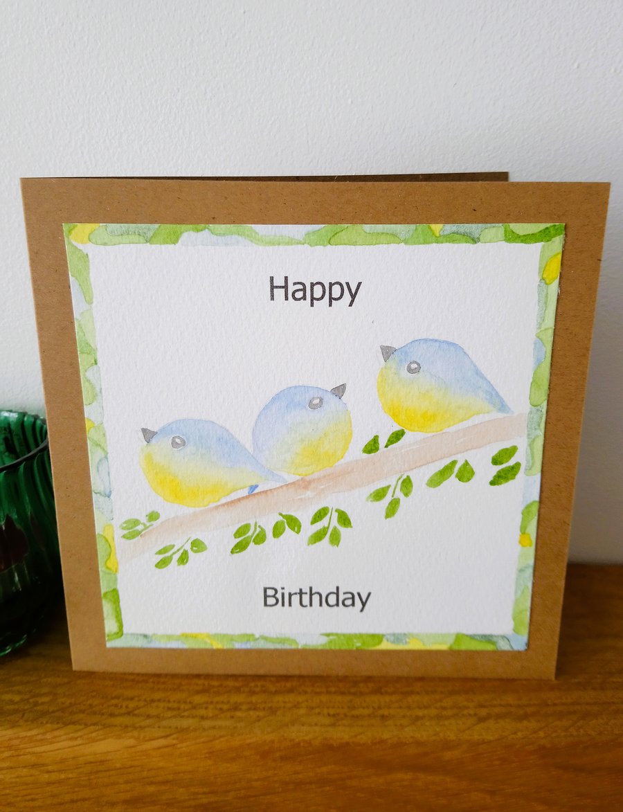 Original Hand Painted Birthday Card with Blue Birds