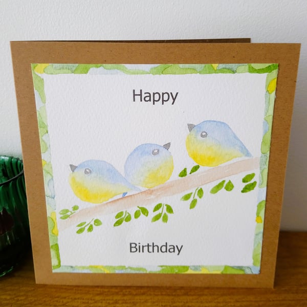 Original Hand Painted Birthday Card with Blue Birds
