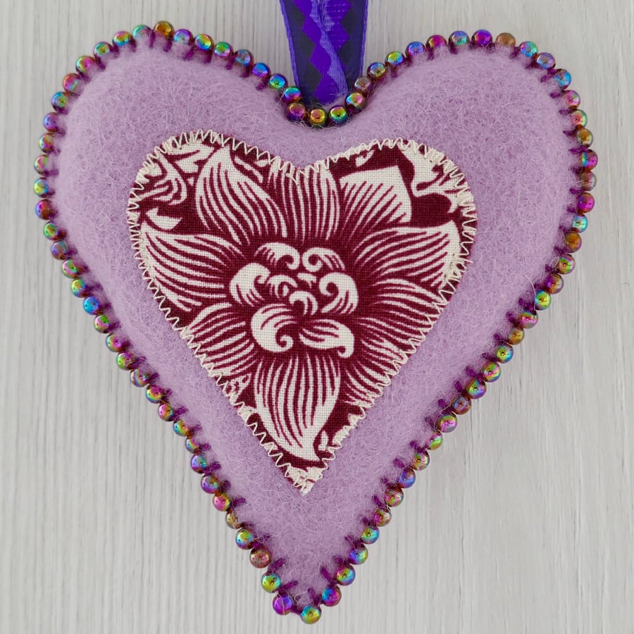 Liberty Felt Hanging Heart Beaded - Purple & Strawberry Thief