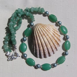 Green Aventurine & Green Shell Pearl Gemstone Statement Necklace "Gwenerve"