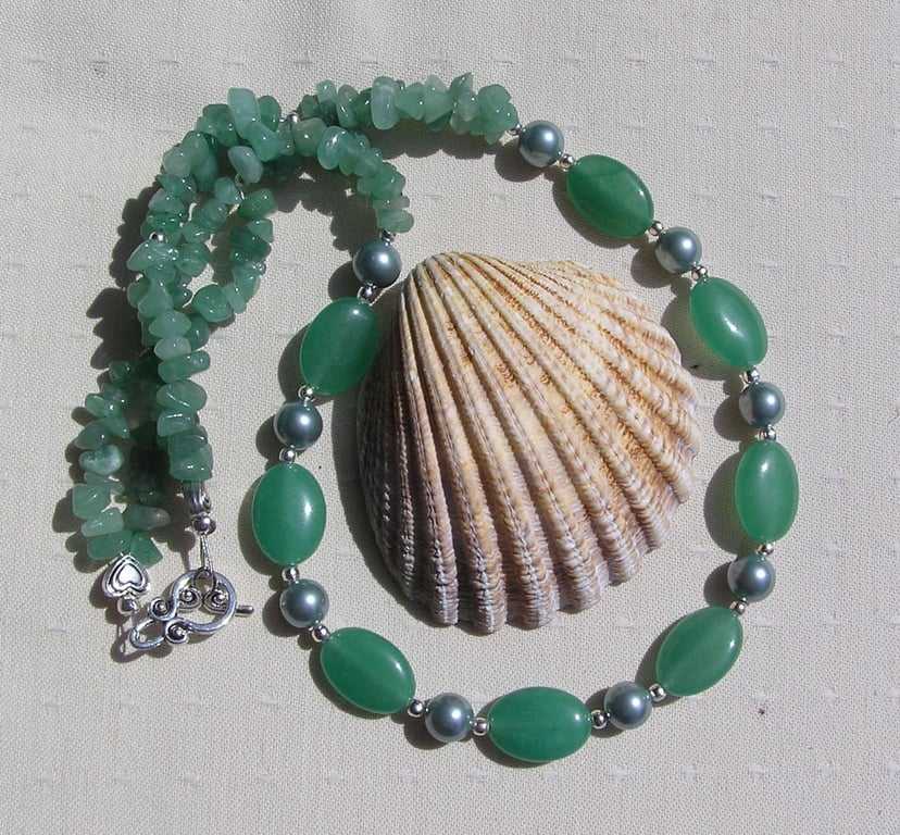 Green Aventurine & Green Shell Pearl Gemstone Statement Necklace "Gwenerve"