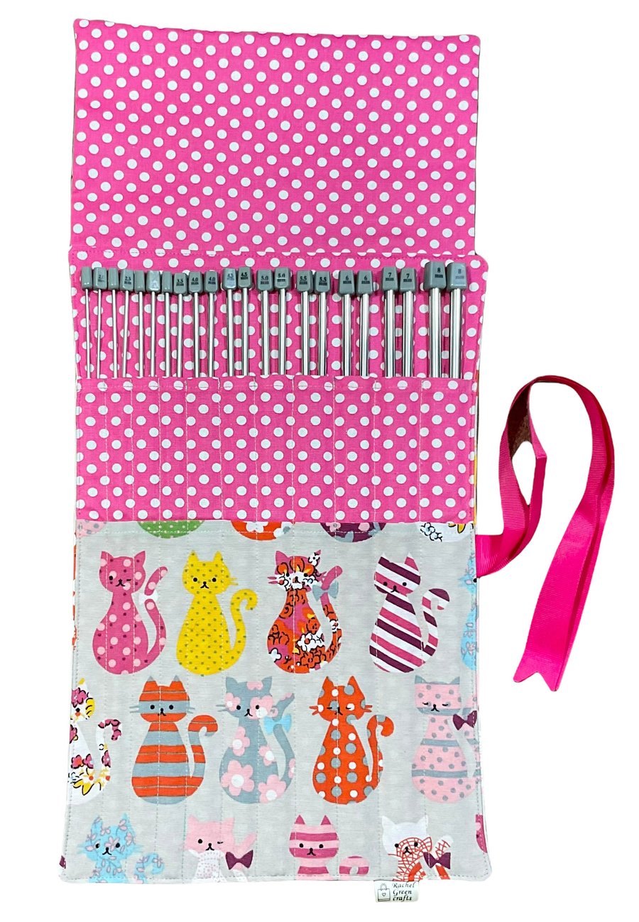 knitting needles in a case with colourful cats fabric, whole set of straight nee