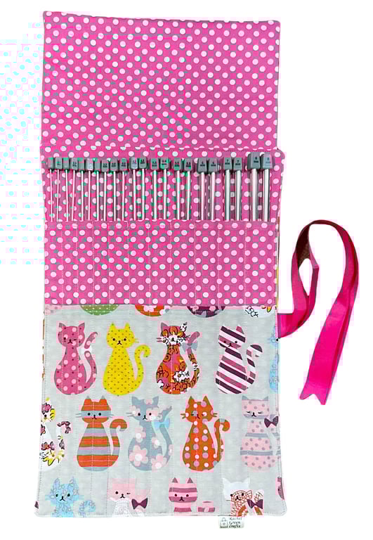 knitting needles in a case with colourful cats fabric, whole set of straight nee