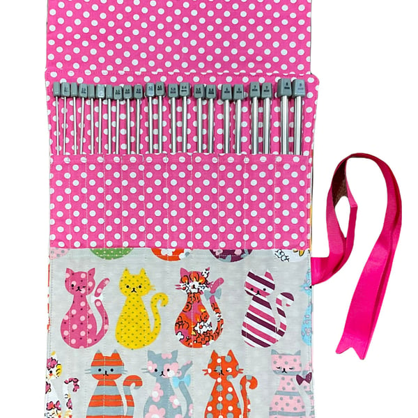 knitting needles in a case with colourful cats fabric, whole set of straight nee