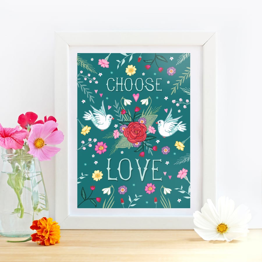 'Choose Love' Doves and Roses Floral illustration print, nursery wall art