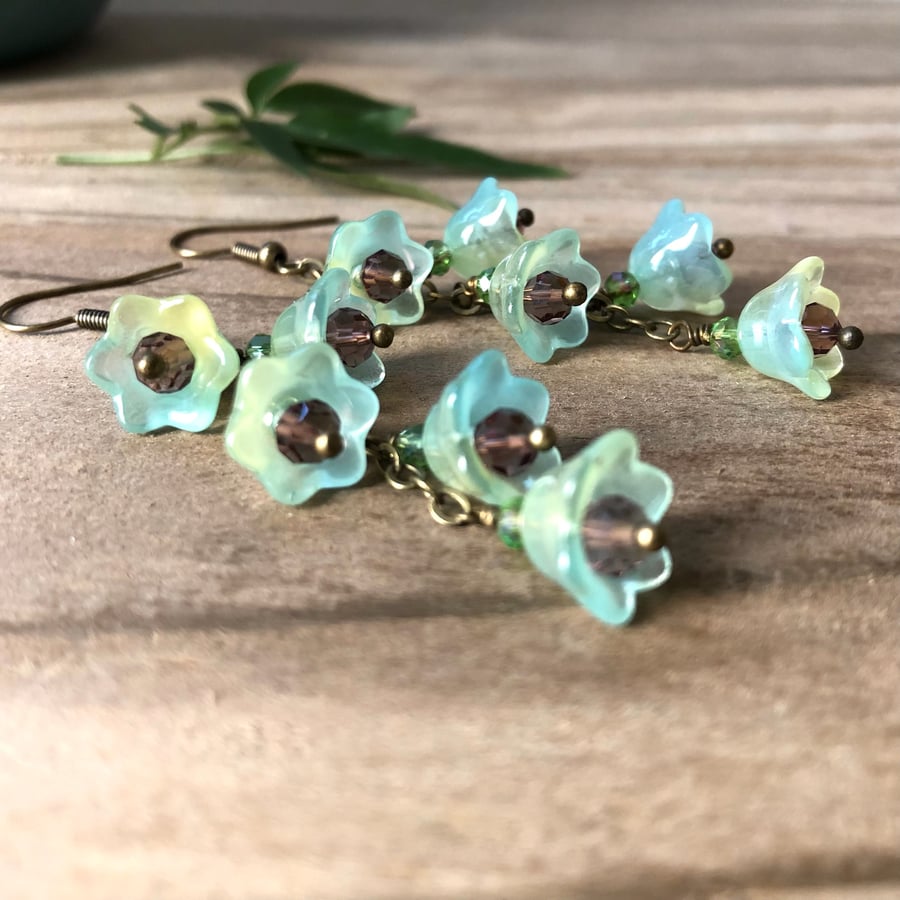 Long Dangly Blue Green Flower Earrings. Boho Floral Earrings