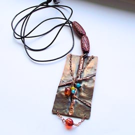 Copper pendant with gemstones necklace blue yellow orange