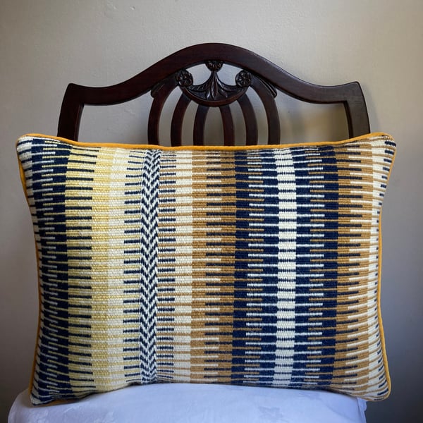 Rosanna cushion: Golden & Midnight Blue. Handwoven in Wales