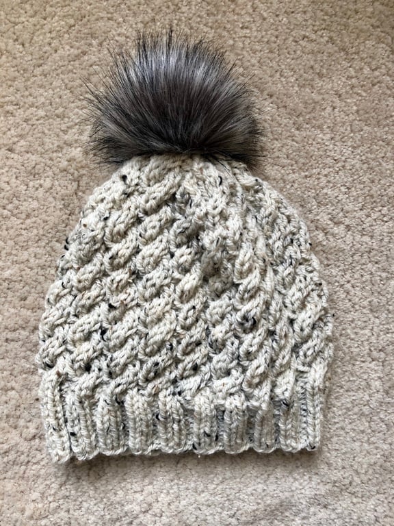 Tweed, Cabled, Hand Knitted Hat 7 with removable pom-pom (Aran) - Large