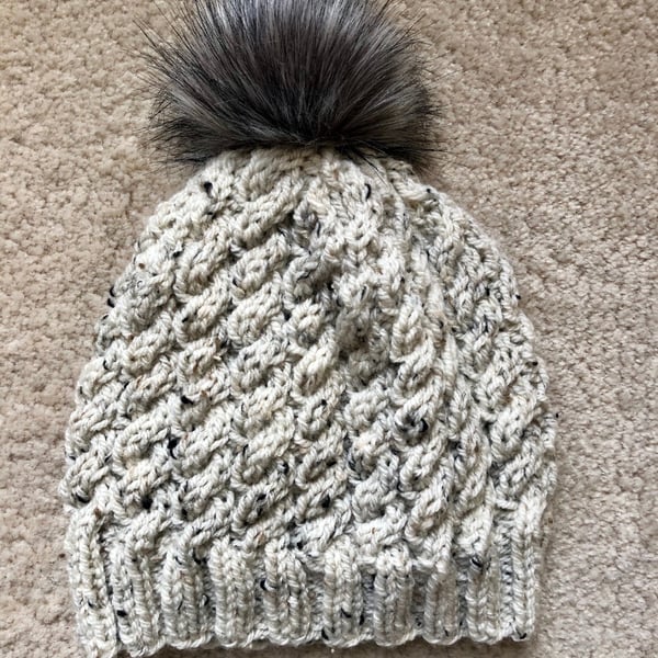 Tweed, Cabled, Hand Knitted Hat 7 with removable pom-pom (Aran) - Large