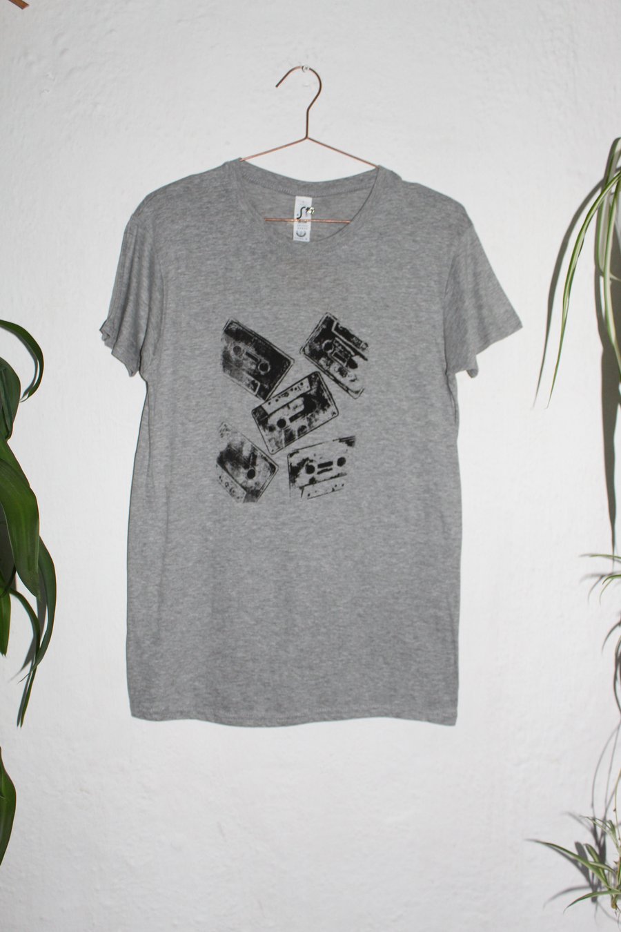 Unisex size XL Grey, New organic cotton T shirt,retro tape cassette screen print