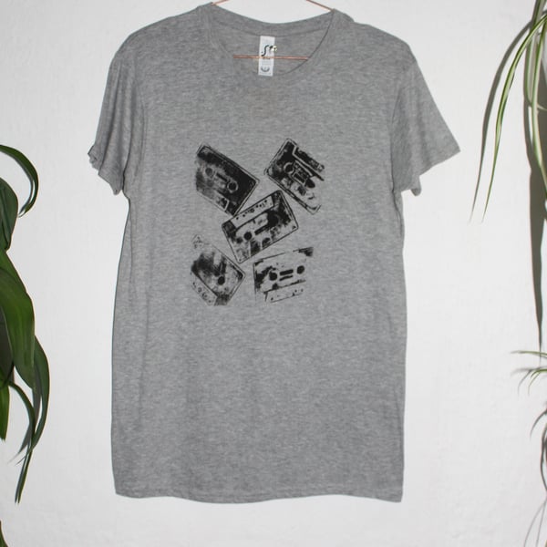 Unisex size XL Grey, New organic cotton T shirt,retro tape cassette screen print