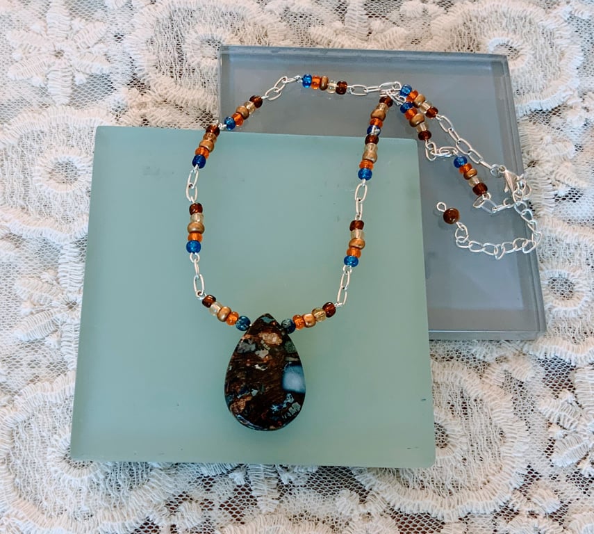 Bronzite & Imperial Jasper Gemstone Pendant Necklace.