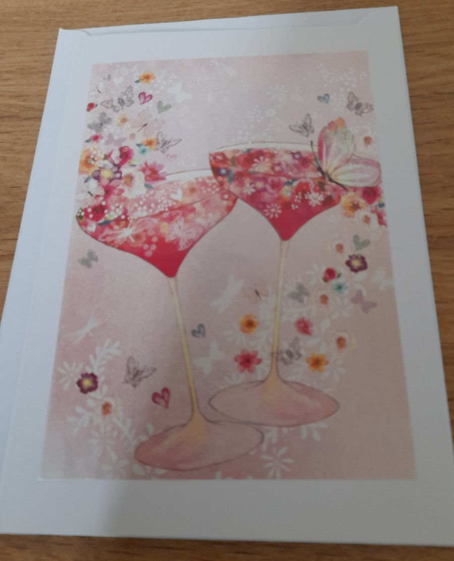 HANDMADE BLANK CARD, WITH PRETTY GLASSES, BUTTERFLIES AND FLOWERS.
