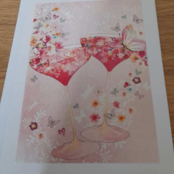 HANDMADE BLANK CARD, WITH PRETTY GLASSES, BUTTERFLIES AND FLOWERS.