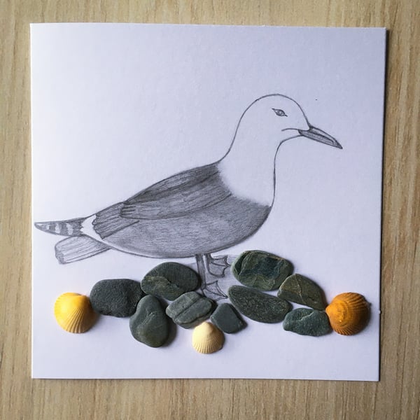 Hand drawn “Seagull” greeting card with Cornish pebbles and shells