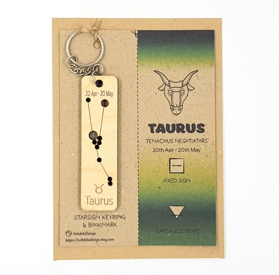 Taurus Zodiac Star Sign Constellation Wooden Keyring & Bookmark Gift
