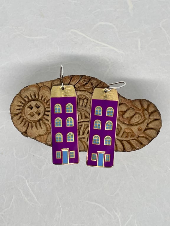 Tall Purple House Recycled Tin Earrings with Silver Hooks
