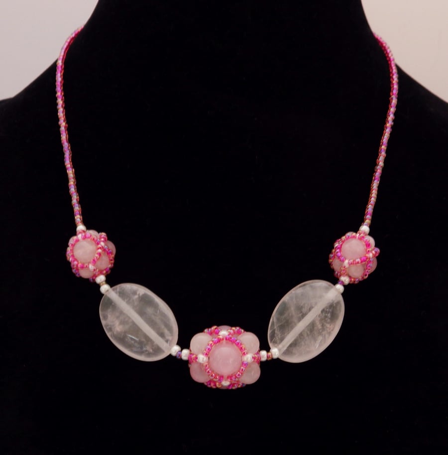 Valentine’s beadwoven netted rose quartz pink necklace