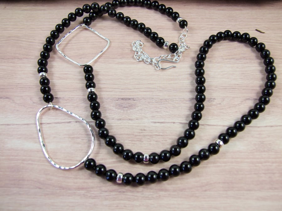 Long Sterling Silver and Black Onyx Necklace - Extends from 24-32 Inches