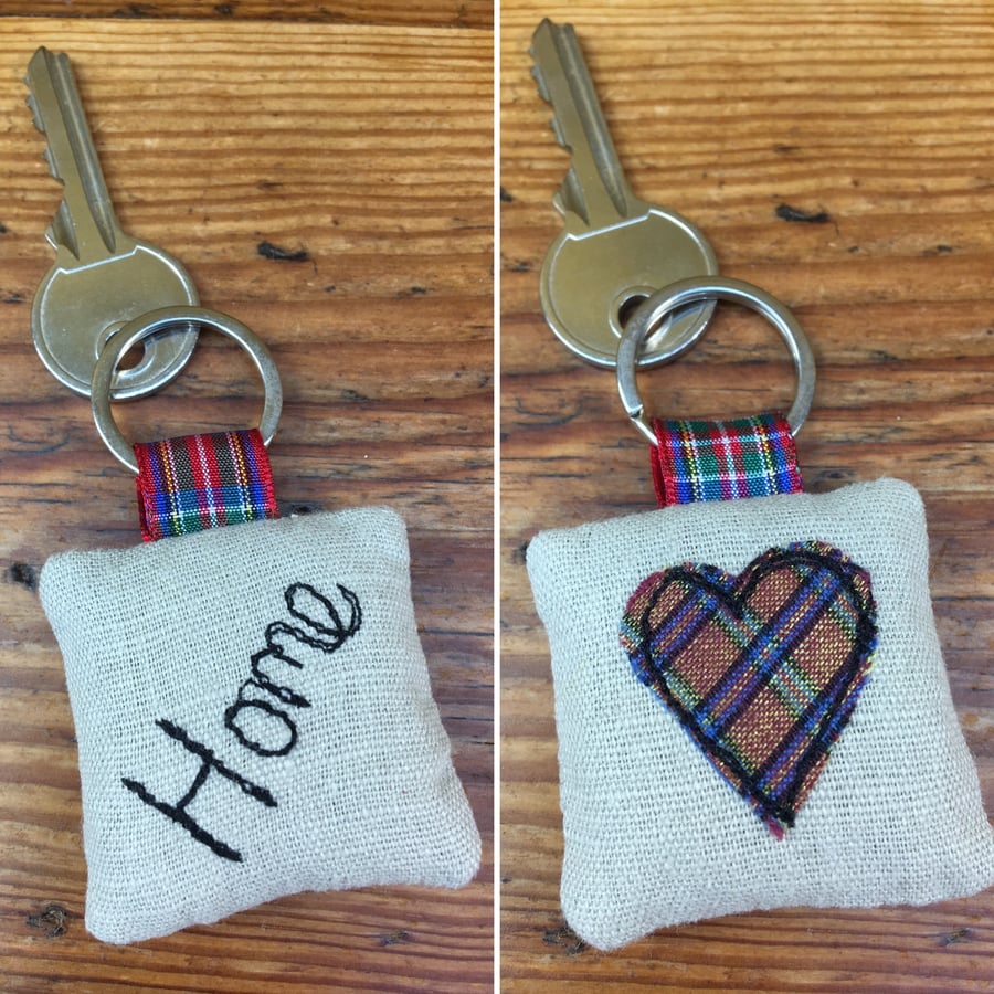 Home key ring with sparkly tartan heart, Embroidered linen & lavender