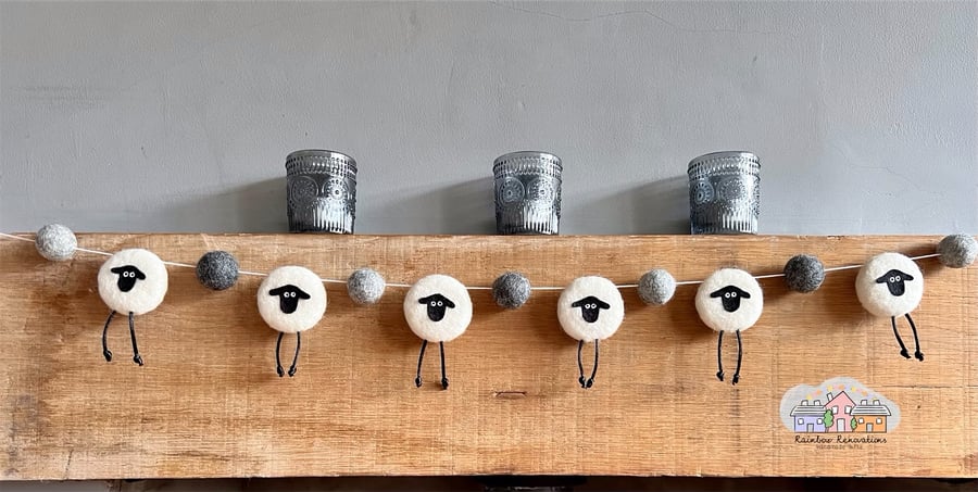 MONOCHROME  SHEEP GARLAND, needlefelted sheep, home decor, garlands, gift ideas,