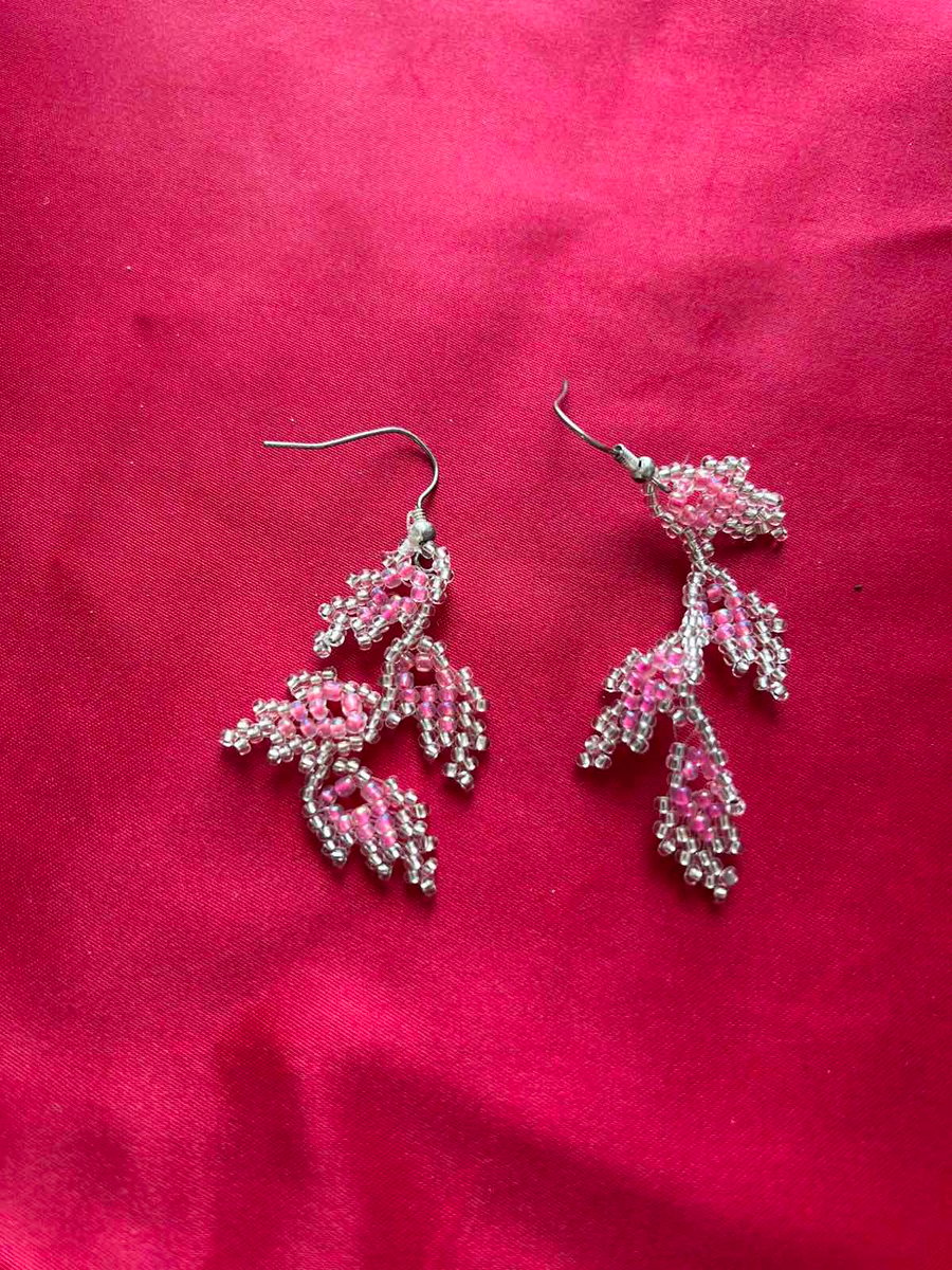 Handmade Pink Beaded Leaf Earrings - Delicate Drop Earrings 
