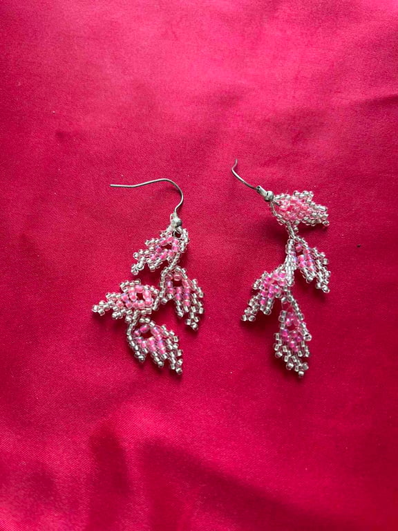 Handmade Pink Beaded Leaf Earrings - Delicate Drop Earrings 