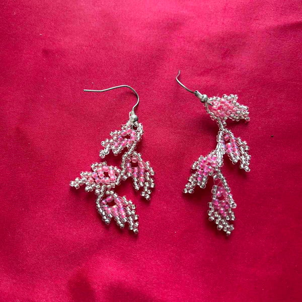 Handmade Pink Beaded Leaf Earrings - Delicate Drop Earrings 