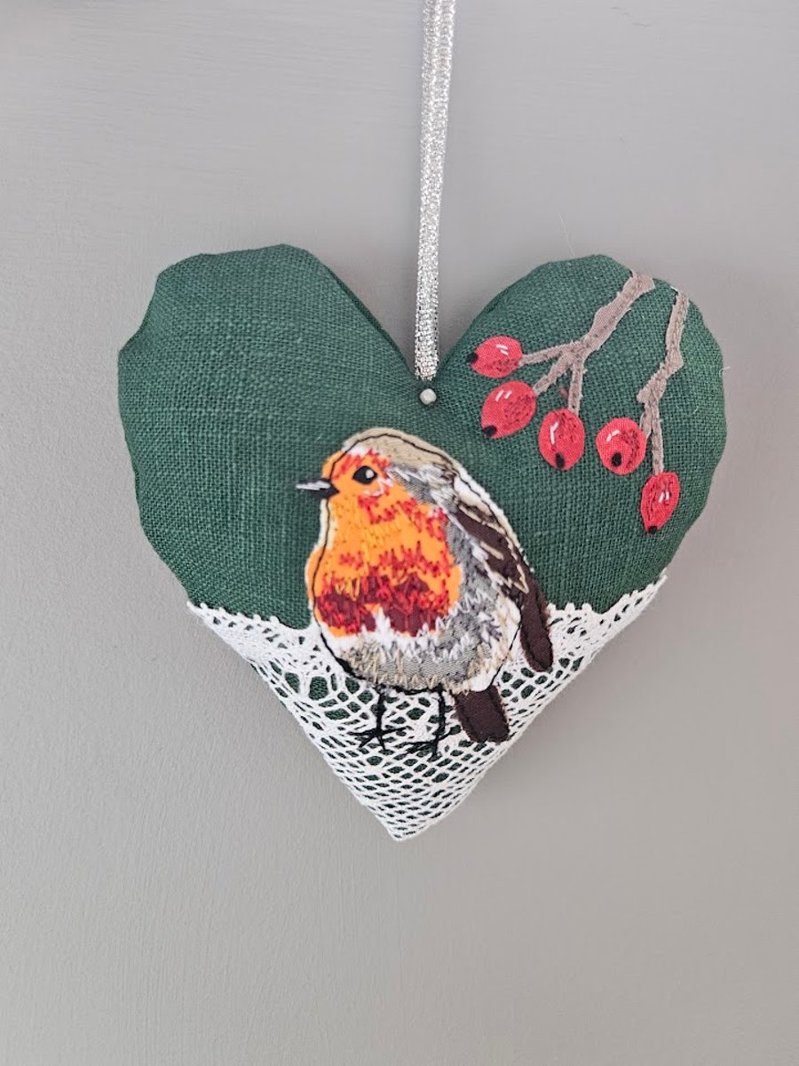 Handmade Robin padded heart decoration, Christmas hanging decoration, fabric