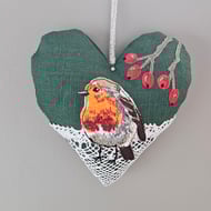 Handmade Robin padded heart decoration, Christmas hanging decoration, fabric
