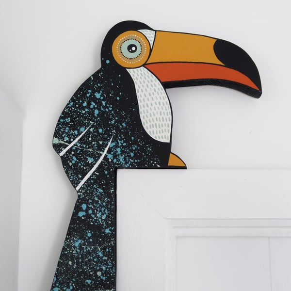 Toucan door topper, door decoration, tropical jungle theme decor, wooden bird.