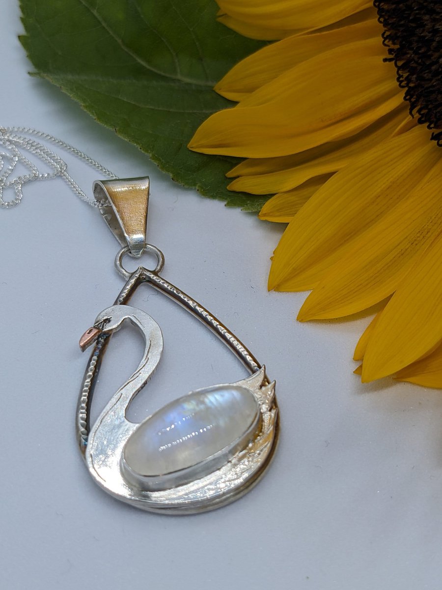 Sterling silver handmade pendant, Handmade silver swan pendant with moonstone