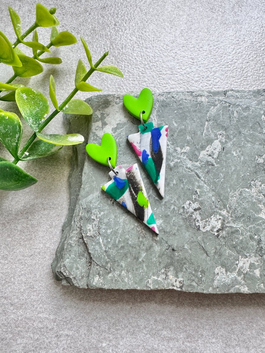 Zingy Lime Green and Stretch Multicoloured Polymer clay Triangle Earrings 